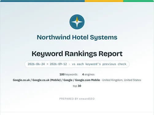 Report cover with the client’s logo and name, the check dates, keywords, engines and depth