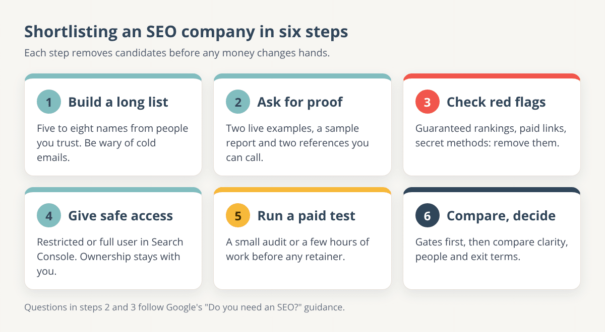 Five-step shortlist flow for choosing an SEO company: build a long list, ask for proof, check red flags, give safe access, run a small paid test