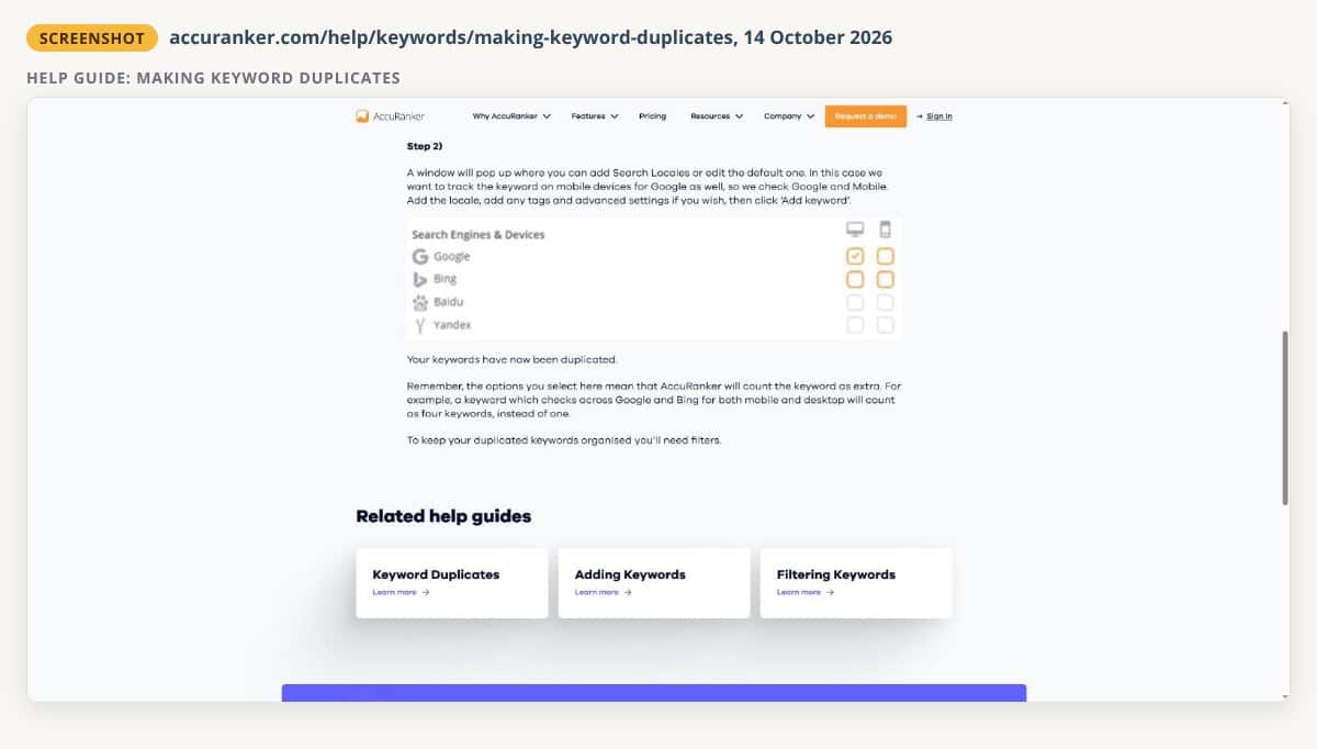 Unaltered screenshot of AccuRanker's help guide Making Keyword Duplicates, showing the search engine and device options and the note that a keyword checked on Google and Bing on mobile and desktop counts as four keywords