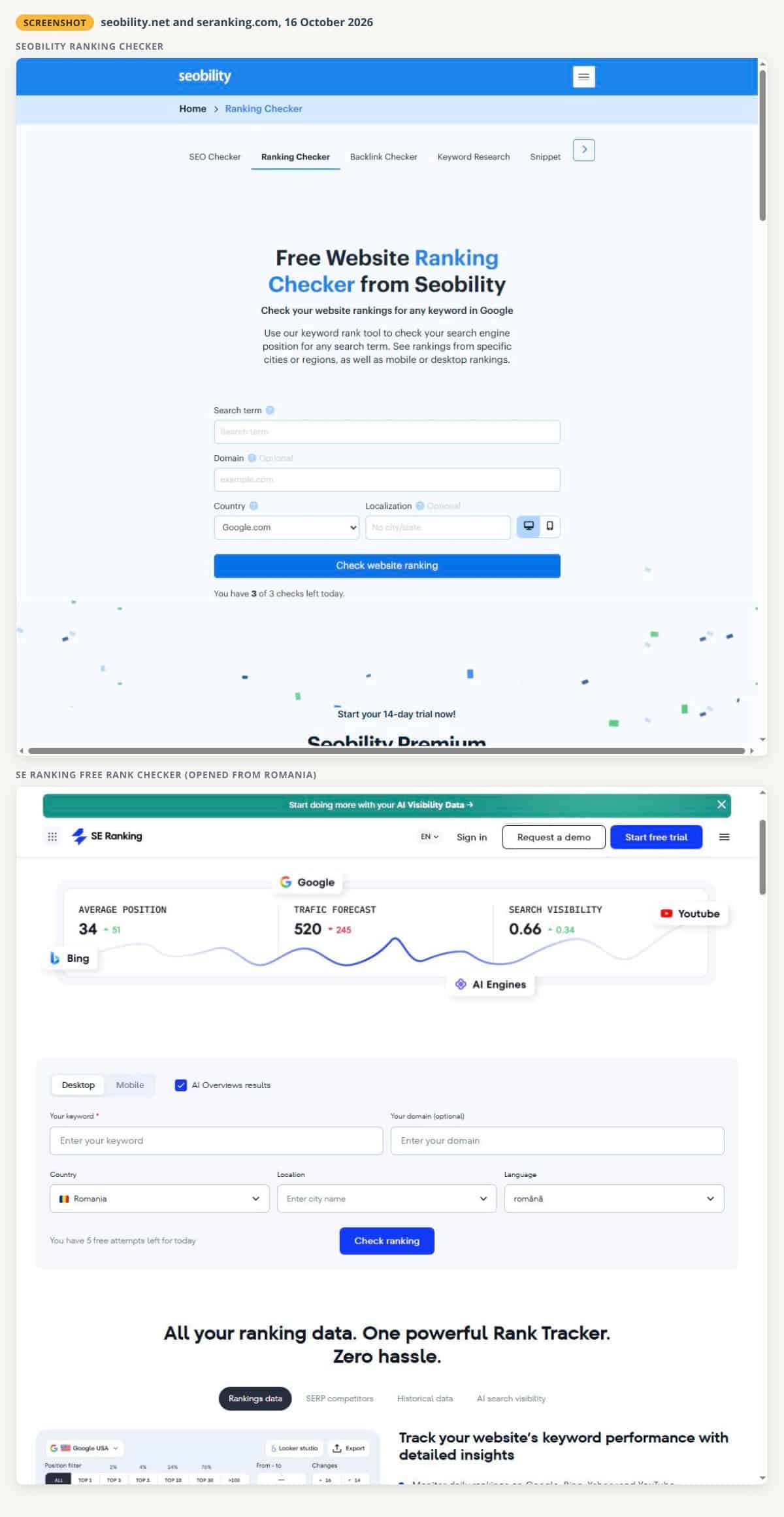 Two unaltered screenshots from 16 October 2026: the Seobility Ranking Checker form with search term, domain, country, localisation and a desktop or mobile switch, showing 3 of 3 checks left today; and the SE Ranking free checker form with one keyword, domain, country, location and language, showing 5 free attempts left for today
