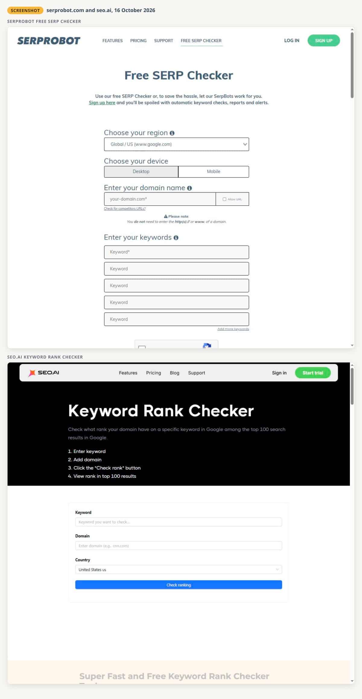 Two unaltered screenshots from 16 October 2026: the SERPRobot Free SERP Checker form with region, device, domain and five keyword fields, and the SEO.AI Keyword Rank Checker form with keyword, domain and country fields