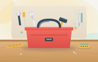 An open red toolbox on a workshop bench with a pegboard of tools behind it, standing for choosing the right rank checker from free and paid options.