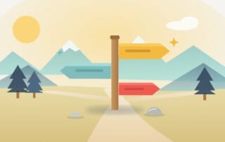 A wooden signpost with three blank arrows at a fork in a mountain trail, standing for choosing an alternative path to a monthly subscription.