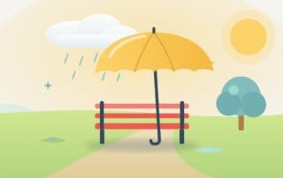 A yellow umbrella open over a park bench under a sky that is half rain and half sun, standing for knowing when a switch makes sense and when it doesn't.