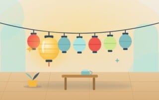 A string of seven paper lanterns across a courtyard with only the second one glowing, standing for being cited second of seven sources in an AI Overview.