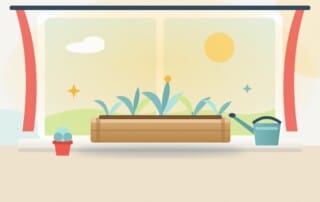 A wooden window box with a few young seedlings on a sunny windowsill, standing for tracking a small keyword list without a big subscription.