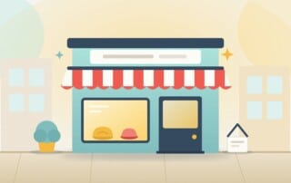 A small corner shop with a striped awning, a bright window and an open door, standing for choosing a rank tracker that fits a small business.