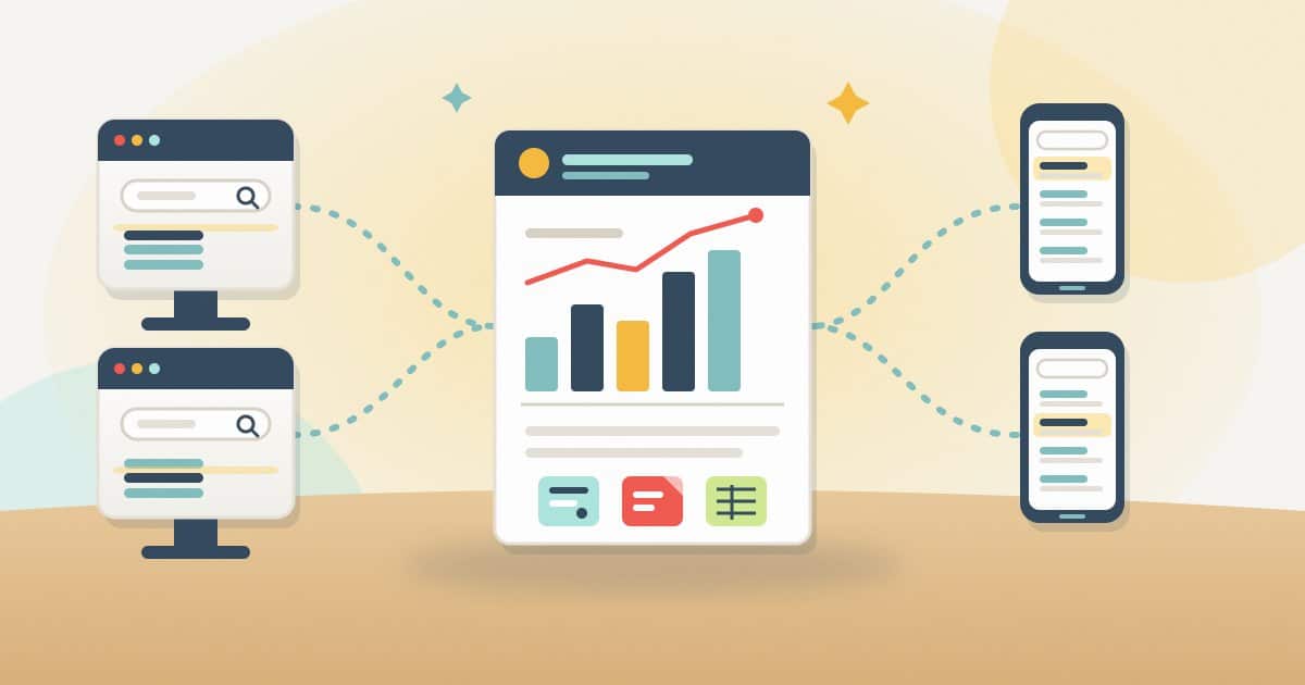Illustration: two desktop browsers and two phones showing Google results feed one ranking report, delivered as a web page, a PDF and a spreadsheet.