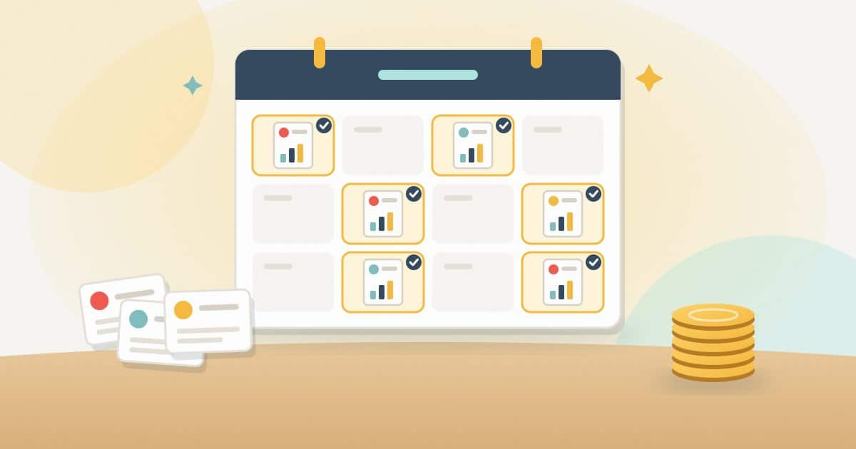 Illustration: a year calendar where only some months hold a branded client ranking report, next to a small stack of coins.