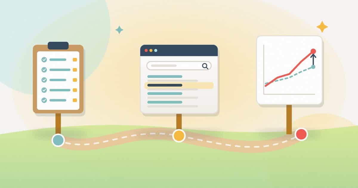 Illustration: a path from a baseline keyword checklist to a search check to a trend chart comparing the new check with the previous one.