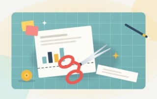 A pair of scissors cutting along a dotted line across a page on a craft mat, standing for deciding what to keep and what to cut in a monthly SEO report.