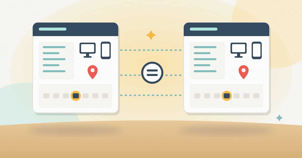 Illustration: two identical report setups side by side, with the same keyword list, devices, Google edition and check day, joined by an equals sign.