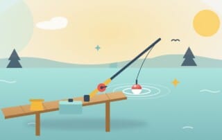A fishing rod resting on a lake pier with a red and white float bobbing in rippling water, standing for checking whether Google's AI Overview has picked up your site.