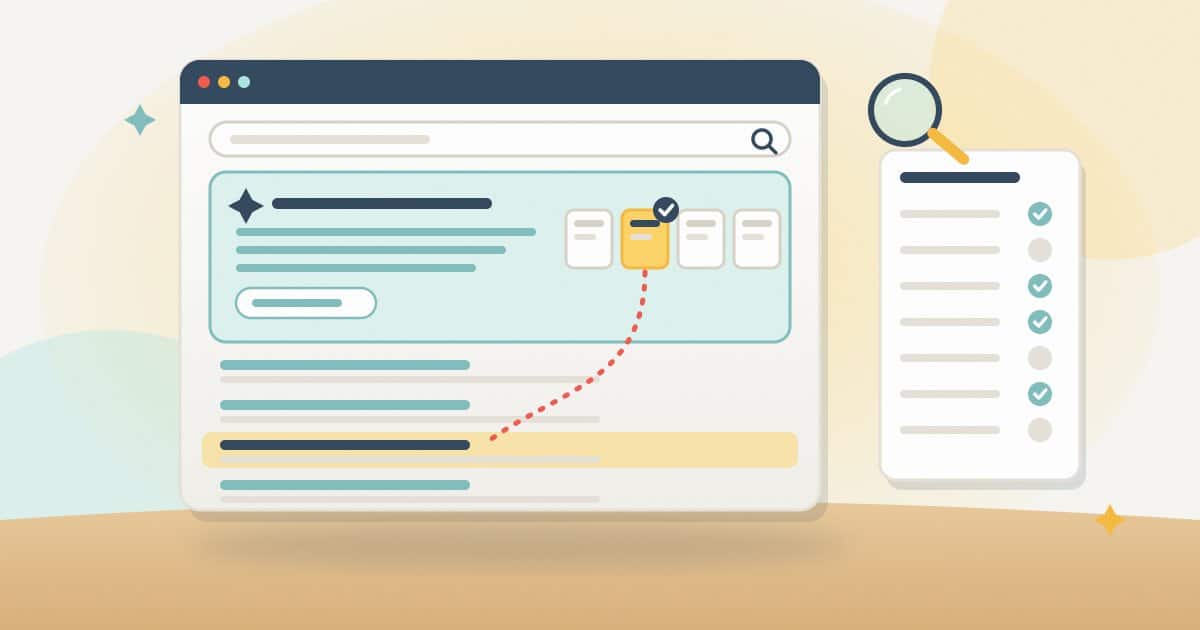 Illustration: a Google results page whose AI Overview cites one source, linked to the same site ranking third below it, next to a list counting citations across keywords.