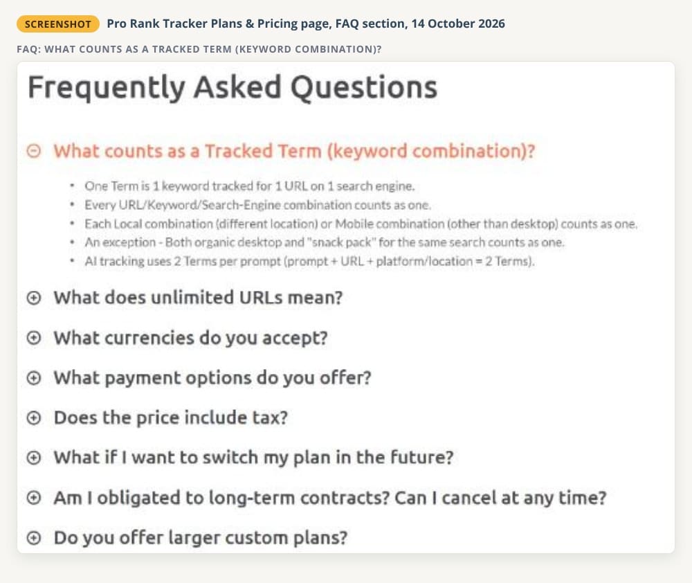 Unaltered screenshot of the FAQ on the Pro Rank Tracker pricing page, answering what counts as a tracked term: one keyword for one URL on one search engine, with each local or mobile combination counting as one