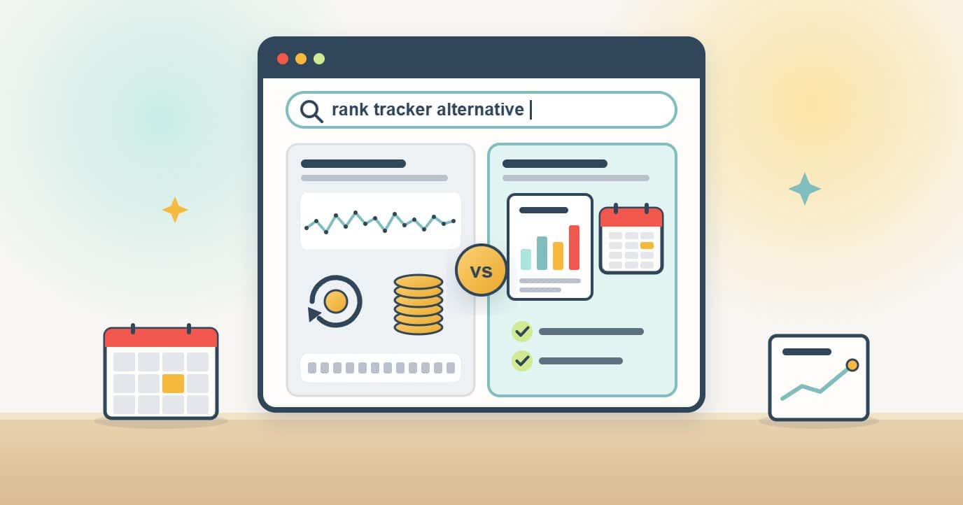 A browser search for a rank tracker alternative shows two result cards side by side: a daily-tracking subscription with renewing payments versus one monthly report with a calendar, the report card ticked.