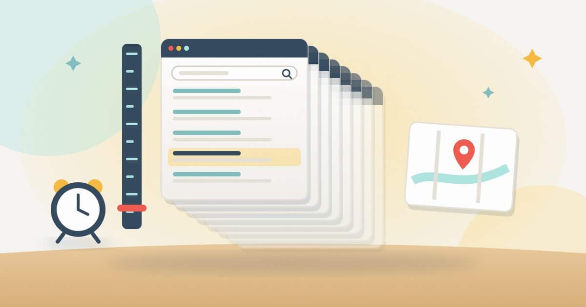 Illustration: a deep stack of search result pages beside a depth ruler, a morning alarm clock and a map with a location pin, standing for daily, deep and Maps tracking.