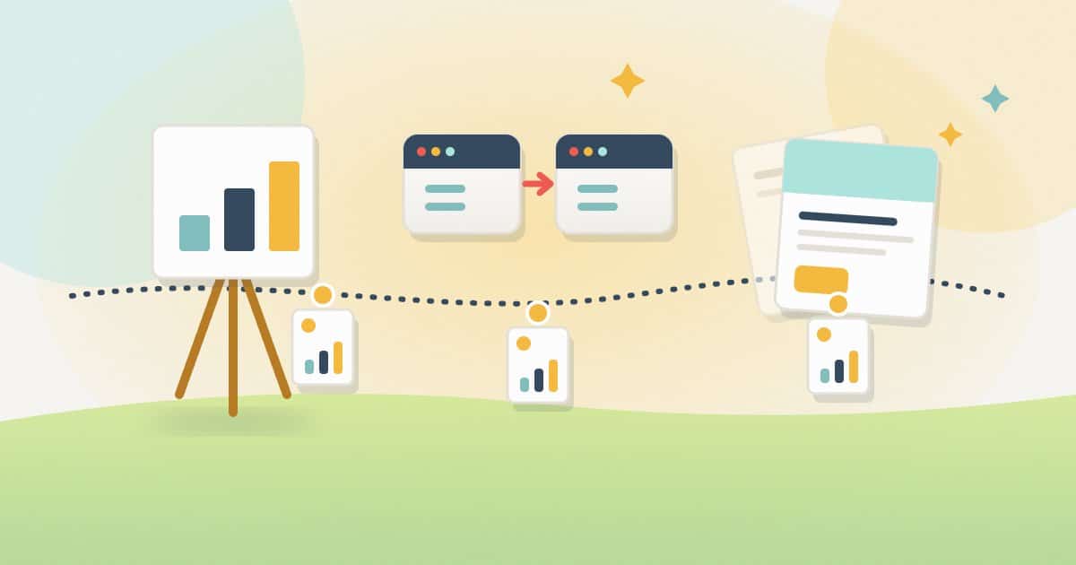 Illustration: a timeline with three moments (a pitch, a site migration and a redesign), each with one ranking report attached.