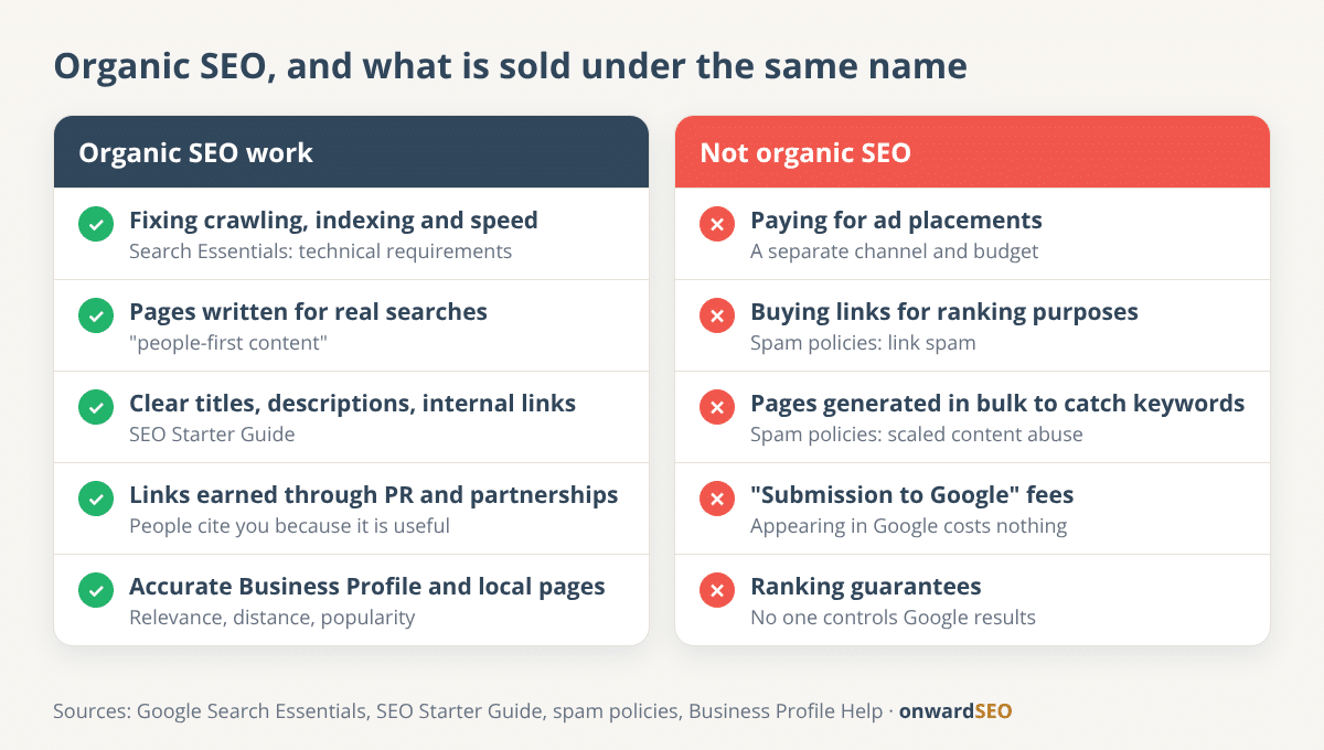 Two-column comparison of organic SEO work against paid placements and shortcuts that are sold as SEO but are not organic