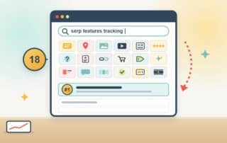 A Google results page for the search serp features tracking, filled with 18 result-type tiles (snippet, map, images, video, reviews, questions and more) that push the result marked #1 down the page.
