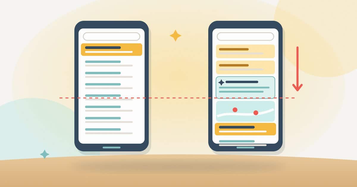 Illustration: two phones showing the same top organic result; on the second, ads, an AI Overview and a map pack push it below the fold.
