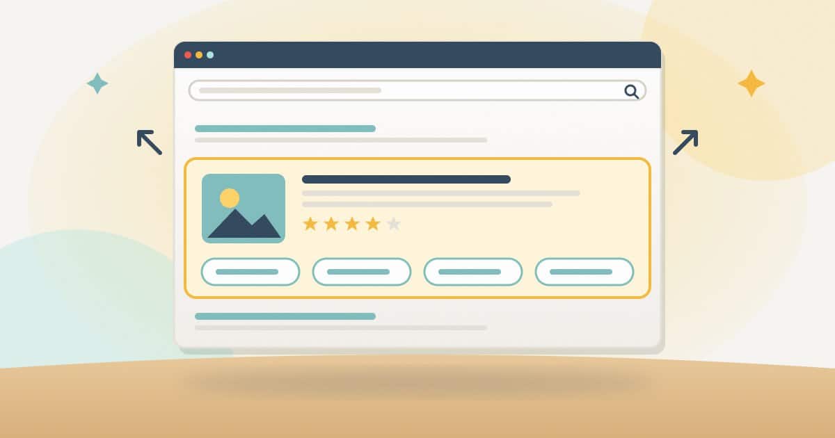Illustration: one search listing enlarged with a thumbnail, review stars and four sitelinks, standing out among plain results.