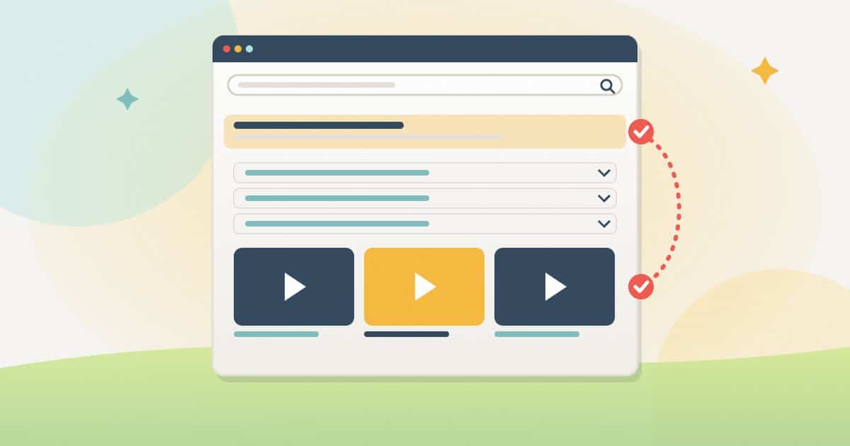 Illustration: a results page where the same site appears twice, once as an organic result and once in a video carousel, below a People also ask block.