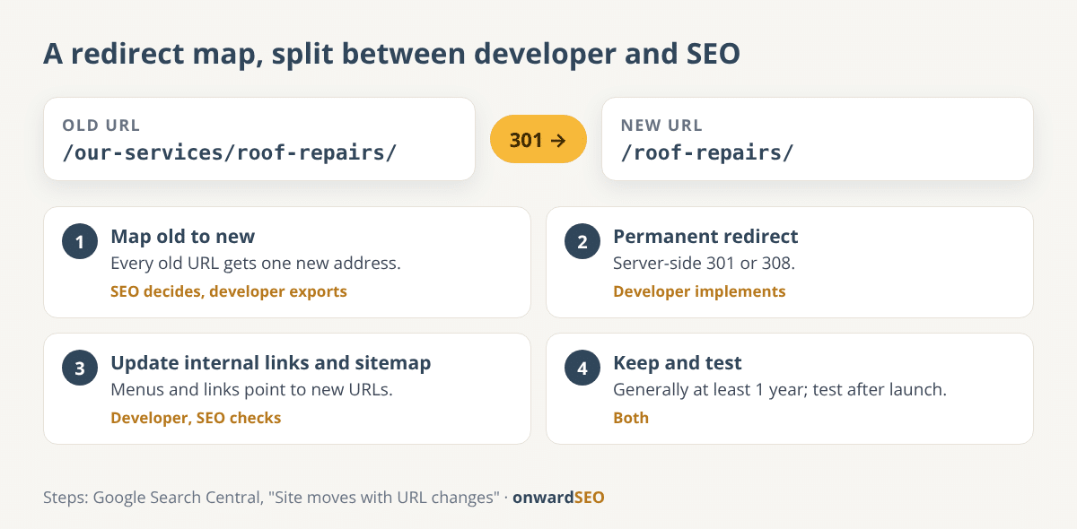 Flow showing an old WordPress URL mapped to its new URL with a permanent redirect, internal links and sitemap updated, and the redirect kept for at least a year
