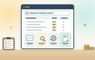 A browser search for a keyword ranking report shows a ranking table with positions moving up and down above four option cards: a free performance chart, a manual search check, a renewing subscription and a single per-report check, the last one ticked.