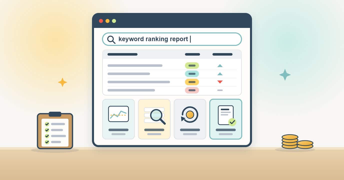 A browser search for a keyword ranking report shows a ranking table with positions moving up and down above four option cards: a free performance chart, a manual search check, a renewing subscription and a single per-report check, the last one ticked.
