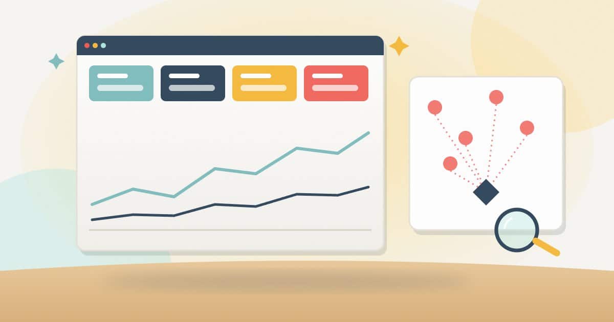 Illustration: a search performance chart with four metric tiles, next to a panel where the positions of several queries blend into one average marker.