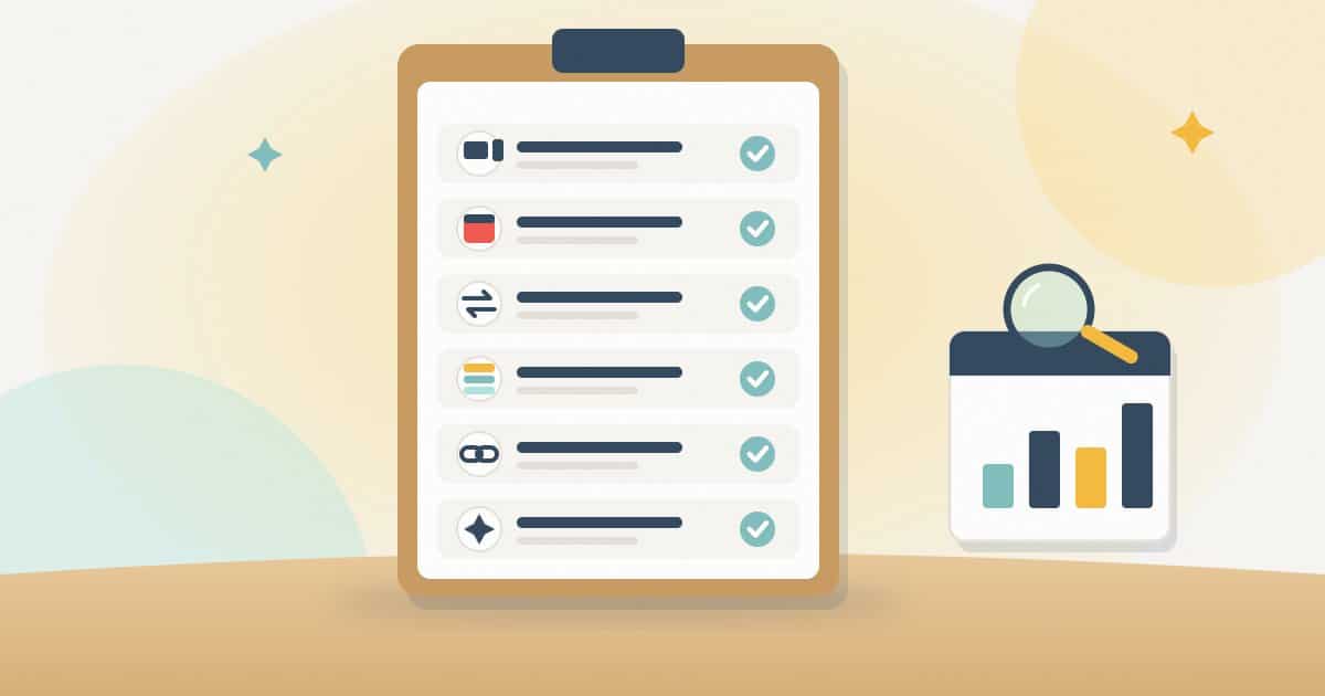 Illustration: a clipboard with six ticked checks for a trustworthy ranking report (devices, dates, comparison, ranking bands, ranking page, AI Overview) beside a small report under a magnifier.
