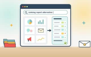 A browser search for a ranking report alternative shows a crowded multi-channel agency dashboard with an arrow pointing to one focused ranking report with positions moving up, marked with a tick.