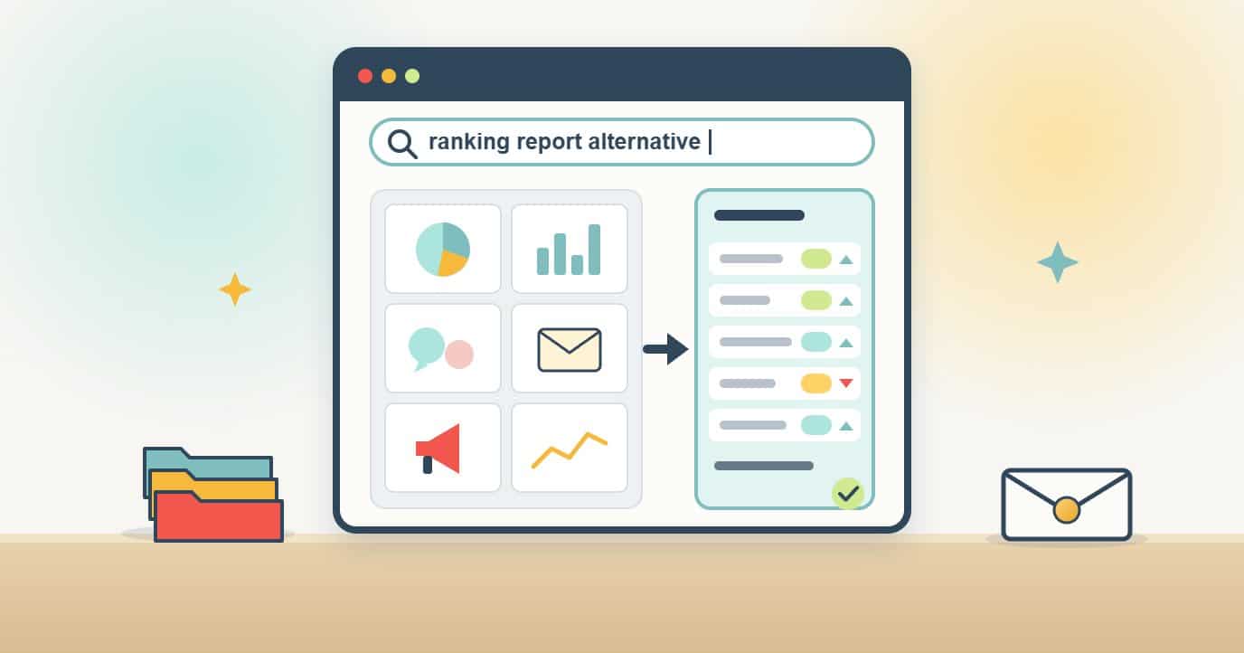 A browser search for a ranking report alternative shows a crowded multi-channel agency dashboard with an arrow pointing to one focused ranking report with positions moving up, marked with a tick.