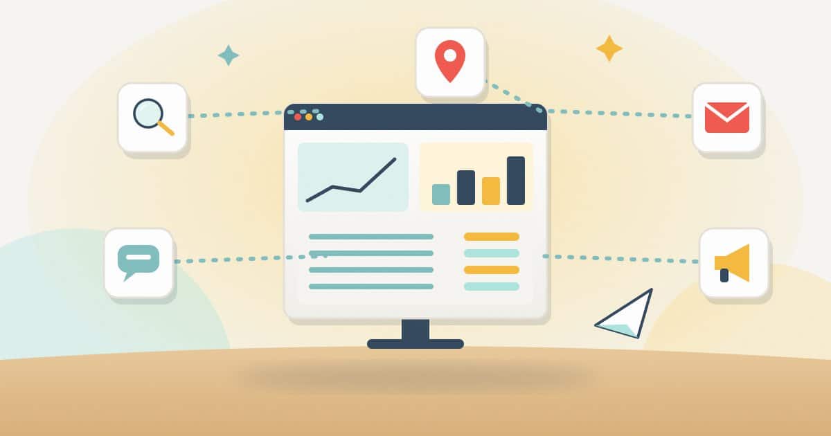 Illustration: a client dashboard on a monitor fed by many channels (search, social, email, ads and maps), with a paper plane for automated sending.