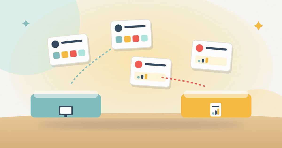 Illustration: client cards being sorted into two trays: clients with many channels go to a platform tray, clients who only read rankings go to a report tray.