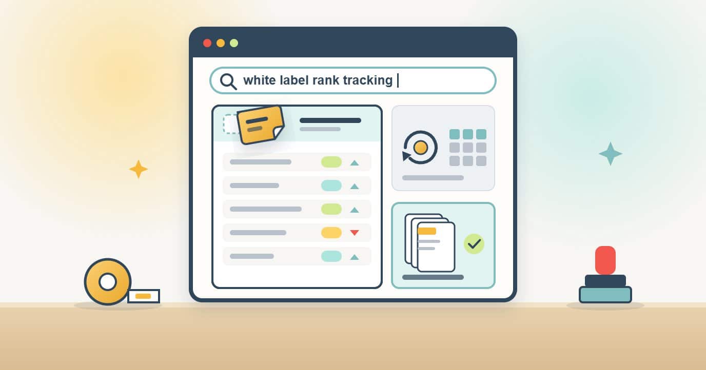 A browser search for white label rank tracking shows a ranking report with an empty brand slot where a blank agency label is being stuck on, next to a subscription panel with paid seats and a stack of branded one-off reports that is ticked.