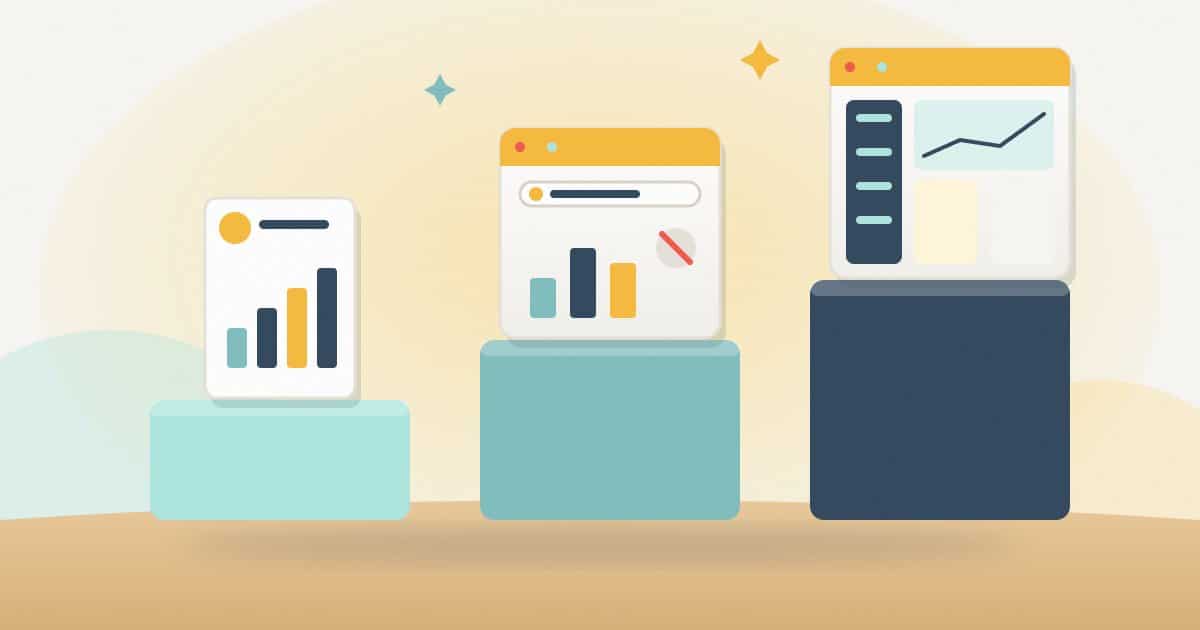Illustration: three rising pedestals for three levels of white label: a report with your logo, a branded report on your own domain with the supplier mark removed, and a client portal dashboard.