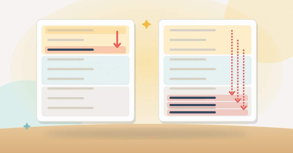 Illustration: two ranking panels side by side: on the left one result slips two places inside the top band; on the right several results fall from the top band to the bottom band.