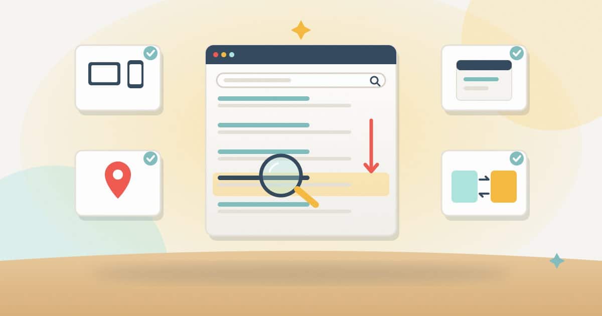 Illustration: a magnifying glass over a dropped search result, surrounded by four ticked checks: devices, location, the ranking page and a page swap.