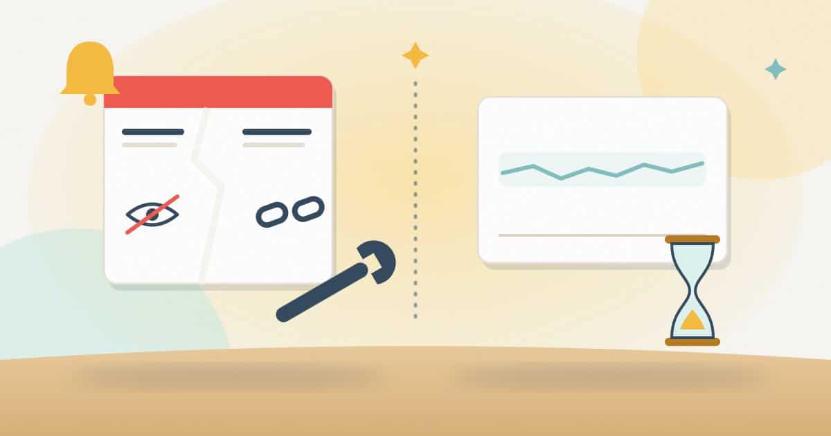 Illustration: on one side a broken page with a hidden-from-search mark, a broken link, a wrench and an alert bell; on the other a gently wobbling ranking line beside an hourglass.