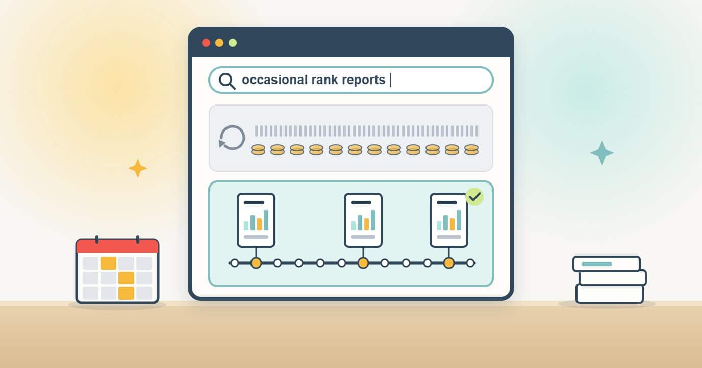 A browser search for occasional rank reports compares a daily tracking lane with constant checks and a payment every month against a year timeline where ranking reports appear only in the three months that matter, ticked.