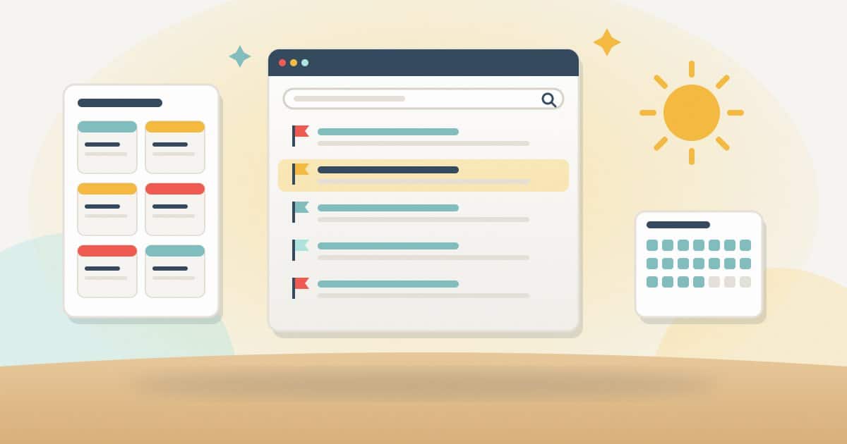 Illustration: a results page with your listing and flagged competitor listings, beside a panel of several small websites, a sun and a calendar of daily checks.