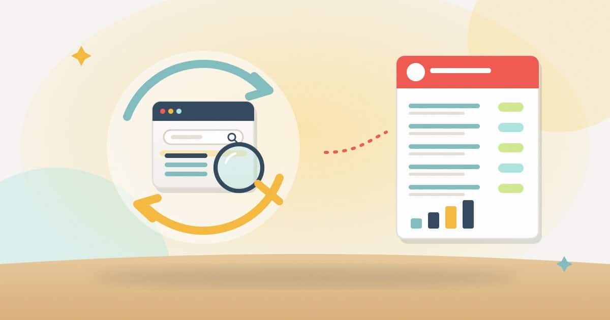 Illustration: refresh arrows circling a search check under a magnifying glass, which produces a fresh branded ranking report.