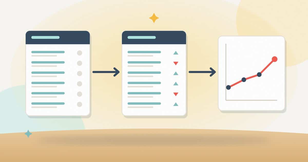 Illustration: a first report with neutral markers, a second report with up and down arrows against the first, and a trend chart that builds from them.
