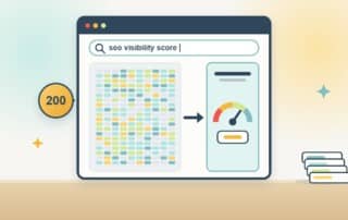 A browser search for an SEO visibility score shows a grid of 200 small keyword cells coloured by ranking band flowing into one gauge, the single visibility number, with a 200 badge beside it.