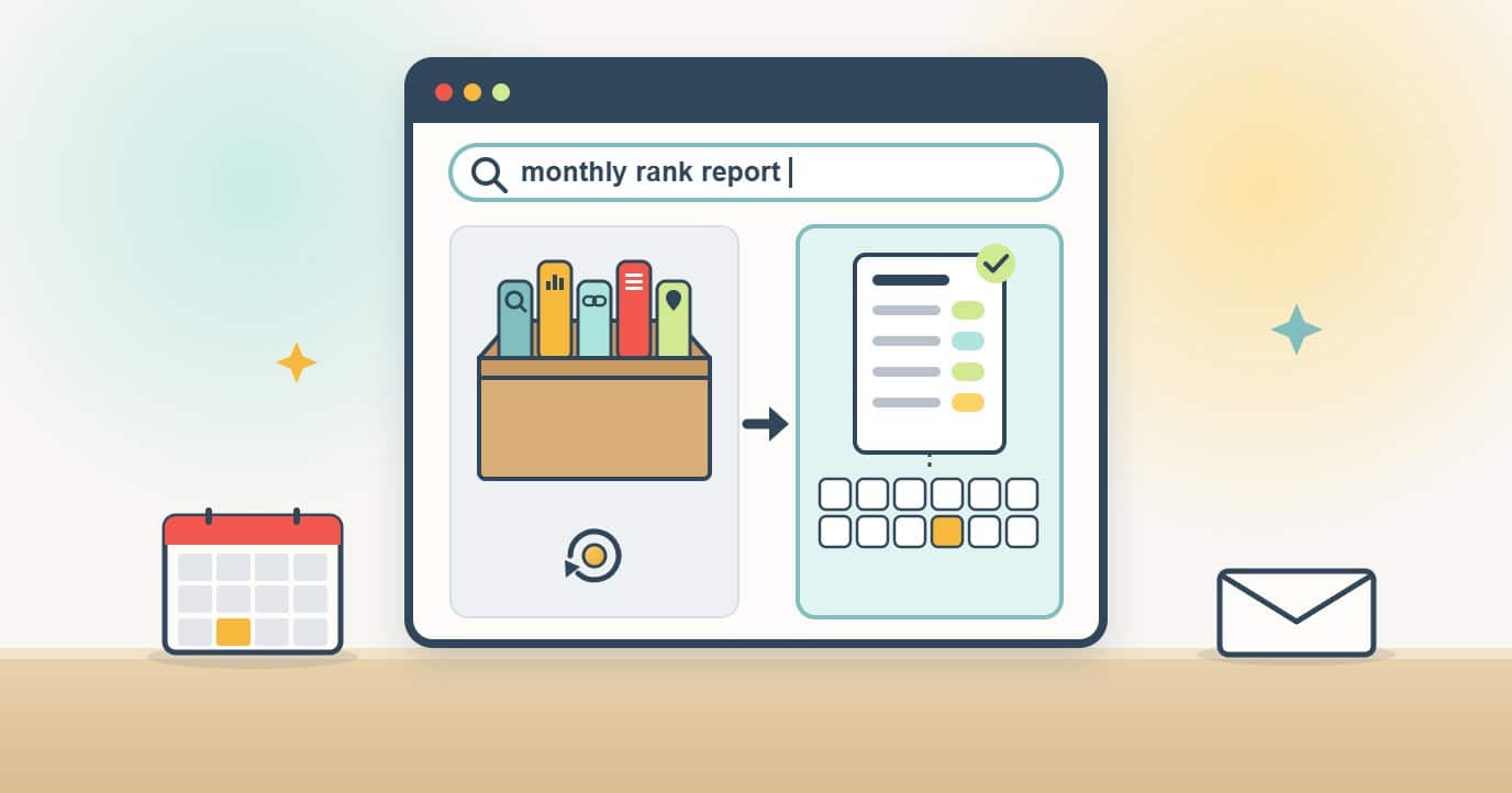 A browser search for a monthly rank report compares an open box of bundled SEO tools on a renewing subscription with a single monthly ranking report pulled from a row of twelve month tabs, ticked.