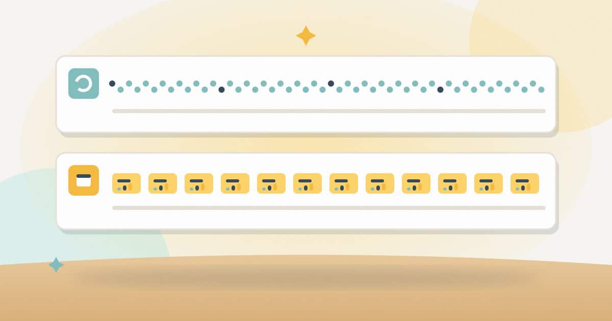 Illustration: two year strips: one with a dot for every weekly ranking update, the other with twelve monthly report tiles.