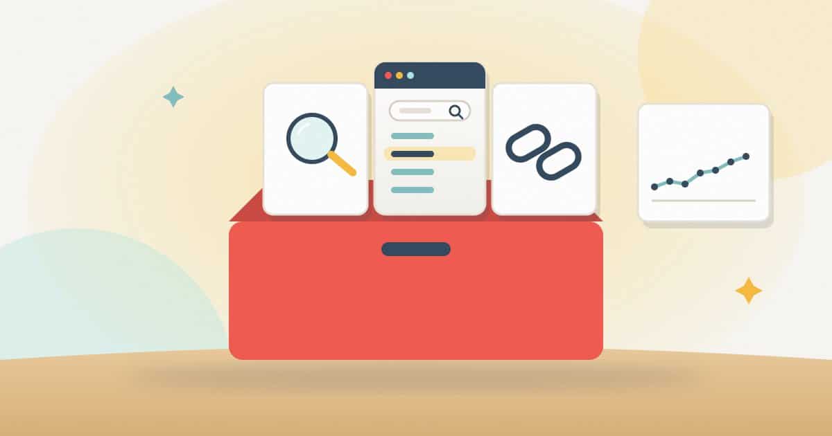 Illustration: an open toolbox holding a keyword research magnifier, a results page and a backlink chain, beside a weekly ranking chart.