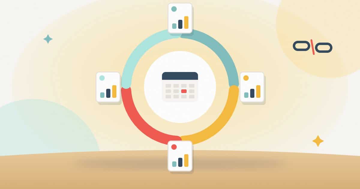 Illustration: a year ring split into four quarters with one ranking report at each quarter, and a cut subscription chain.